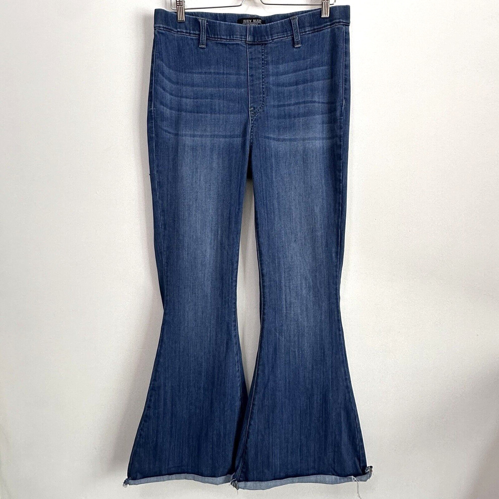 Judy Blue Pull On Super Flare Jeans 15/32‎ XL 34" Waist High Rise Raw Hem Blue